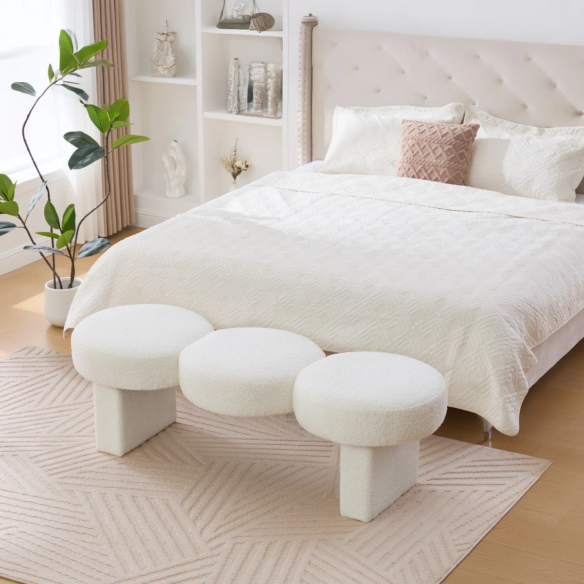 56.3_W+Boucle+Upholstered+Bench+with+3+Round+Cushions (1) Velin Panda Bench - Image 1