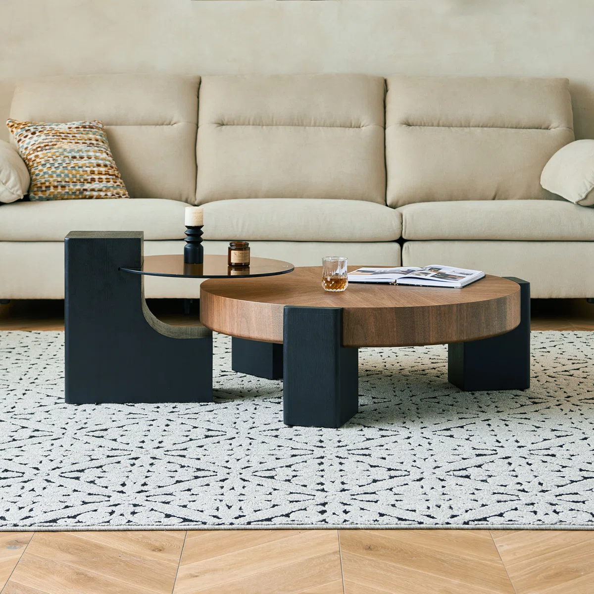 36.6_+Modern+Round+Wood+Coffee+Table+with+Accent+End+Table,Living+Room+Table+Set The Hearth & Glow Set Nesting Coffee Table - Image 1