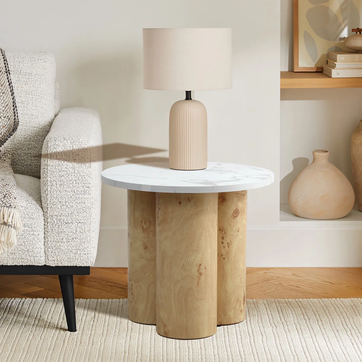 19.7''+Round+Faux+Marble+Top+Side+Table+with+Natural+Wood+Cylinder+Base The Trinity Veil Side Table - Image 1